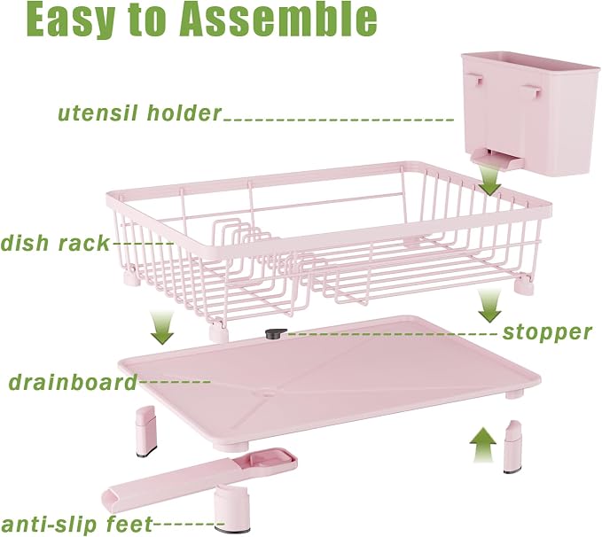 Dish Drainer Rack with Drip Tray, Sink Dish Drainer with Drainage Spout, Stainless Steel Dish Drying Rack with Cups, Utensil & Cutting Board Holders for Kitchen Counter Space-Saving, Pink