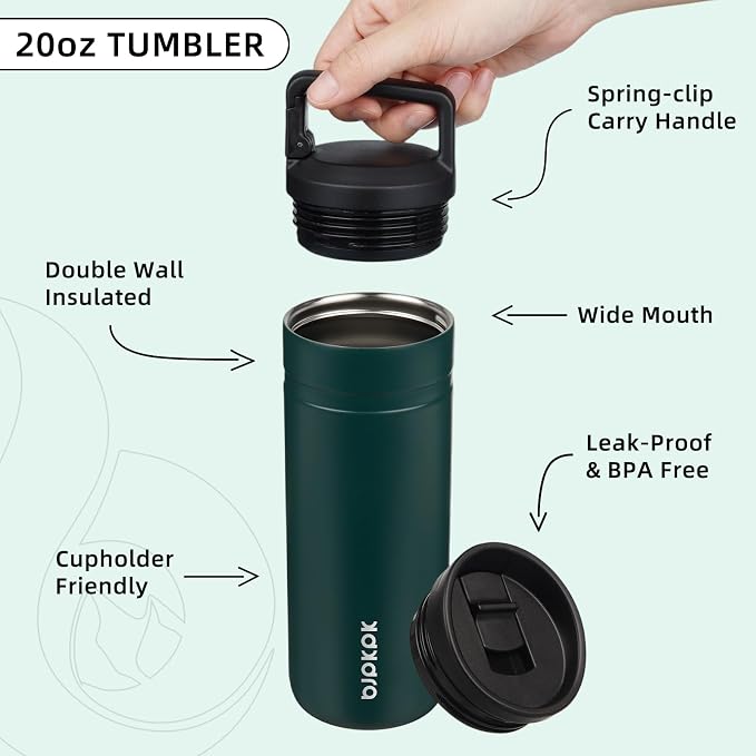 BJPKPK 20 oz Insulated Travel Water Bottle, Coffee Tumbler Stainless Steel | Double Wall Vacuum, Leakproof, Thermal, Keeps Hot/Cold, Dishwasher Safe, Spill Proof, Wide Mouth, 2 Lids, Dark Green