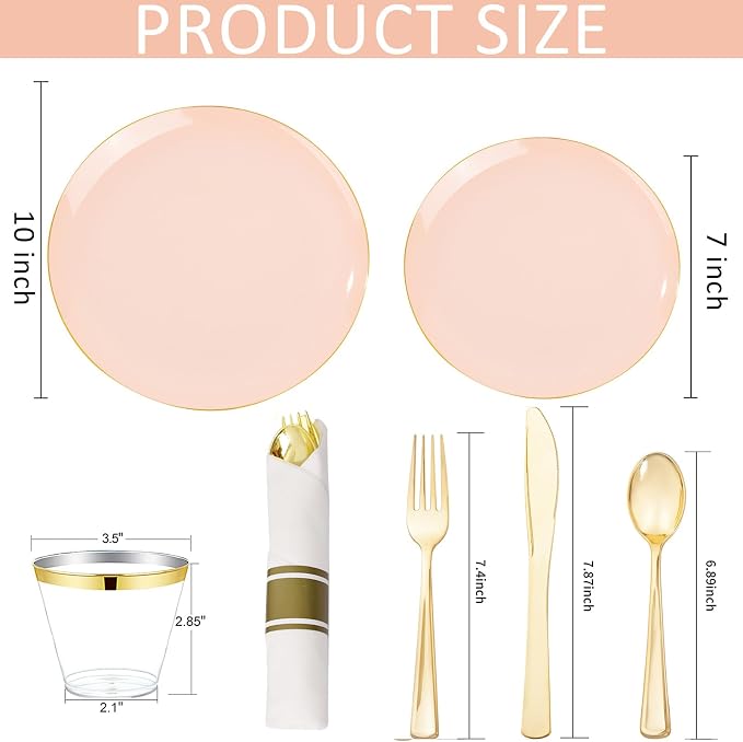KIRE 175PCS Pink Plates Disposable - Pink and Gold Plates for Baby Shower | Plates Dinnerware Sets - 25 for Dinner 25 for Dessert 25 Pre Rolled Napkins 25Cups for Spring/Wedding/Party