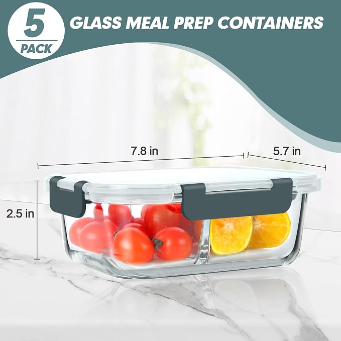 30 oz 5 Pack Glass Meal Prep Containers 2 Compartments, Glass Food Storage Containers with Lids, Airtight Lunch Box, Microwave, Oven and Freezer Safe