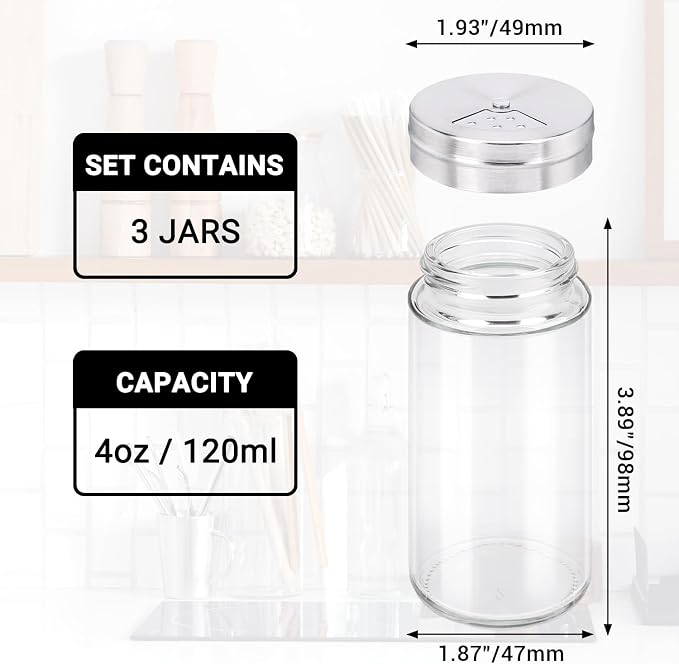 Segarty Spice Jar, 3 Pack 4 oz Glass Spice Jars with Shaker Lids, Clear Seasoning Organizer Spice Containers with Adjustable Pour Holes for Kitchen Cabinet, Salt Shakers with Stainless Lid