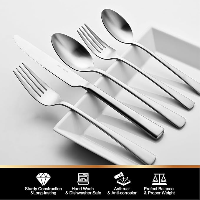 18/10 Flatware set for 12, 60 Piece Matte Stainless Steel Silverware Set | KINGSTONE Forged Flatware Cutlery Set, Mirror Polished Knives Fork and Spoon Utensils, Dishwaher Safe for Home Wedding Party