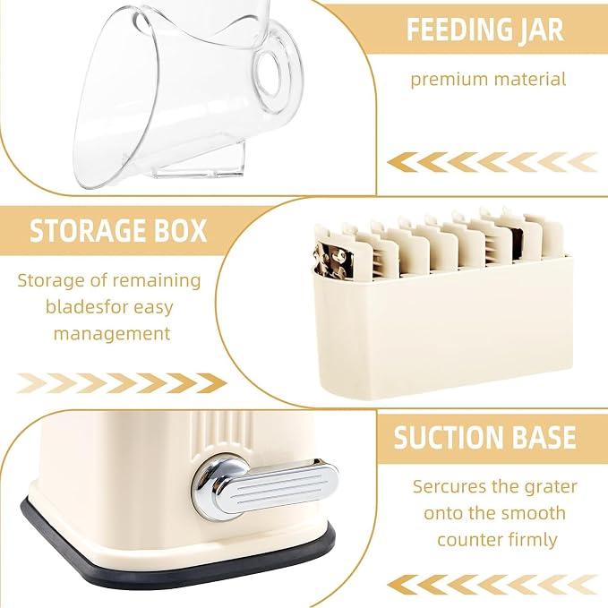 Rotary Cheese Grater with Handle, 5 Replaceable Blades (Beige) | Strong Suction Base, Round Food Slicer & Chopper for Kitchen Fruit Vegetables Nuts with Blade Storage Box
