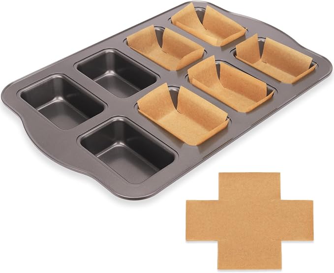 Mini Loaf Baking Pans Set 8-Cavity with 200 PCS Parchment Liners, Nonstick Bakeware Rectangle Bread Pan, Heavy Duty Banana Bread Pan, Grey