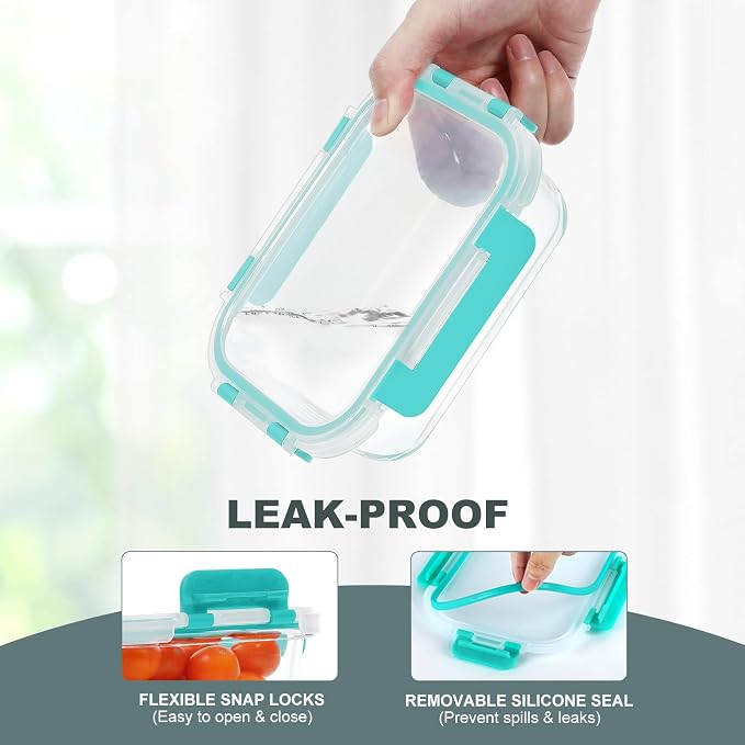 10 Packs 22 oz Glass Meal Prep Containers, Green | Glass Food Storage Containers with Snap Locking Lids, Airtight Lunch Boxes, BPA-Free, Microwave, Oven and Freezer Safe
