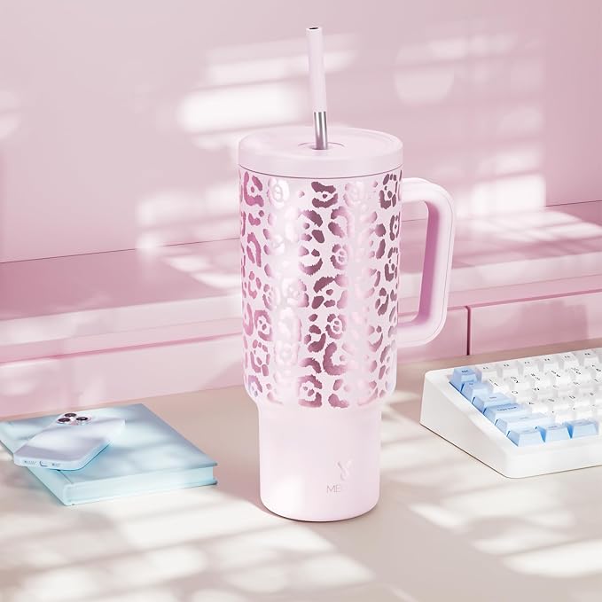Meoky 40 oz Tumbler with Handle and Straw, Tumbler with Lid and Straw, Insulated Stainless Steel Travel Mug, 100% Leak-proof, Keeps Cold for 34 Hours or Hot for 10 Hours (Pink Leopard)