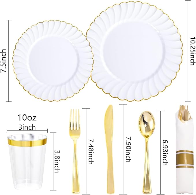 YOUBET 350PCS White and Gold Scalloped Plastic Plates for Wedding Party | White and Gold Disposable Dinnerware Set Include 100 Plates, 150 Gold Silverware, 50 Cups, 50 Napkins