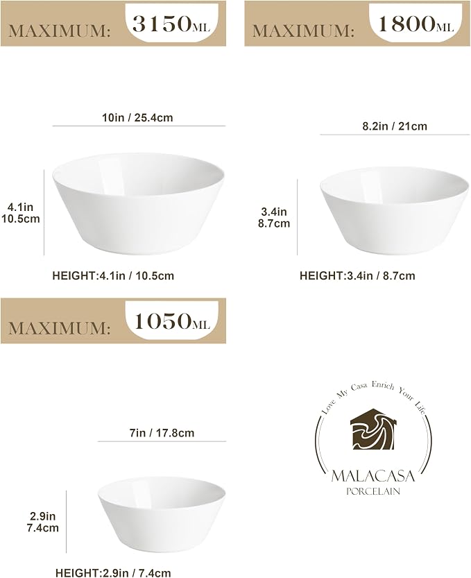 MALACASA White Serving Bowls Set of 3, Ceramic Mixing Bowl for Kitchen | 105/60/35 OZ Bowls for Family Salad, Soup, Pho and Fruit, Microwave & Dishwasher Safe, Series REGULAR