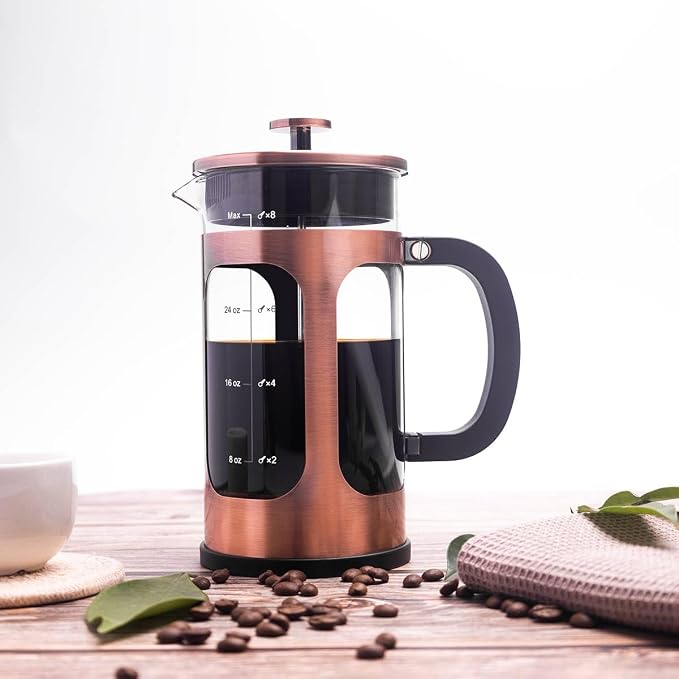 French Press Coffee Maker 8 cups 34 oz 304 Stainless Steel Coffee Press with 4 Filter Screens, Easy Clean Heat Resistant Borosilicate Glass - Free 100% BPA… (Copper-NRA1-S, 34oz)