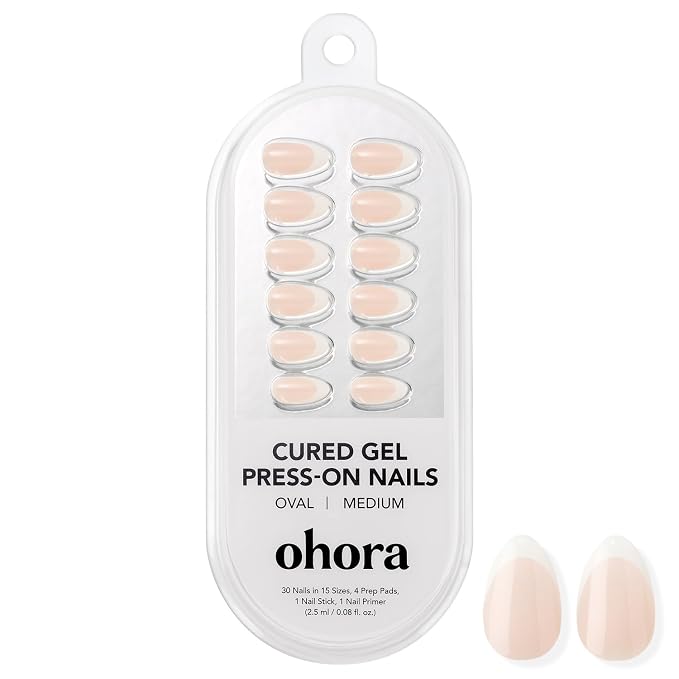 ohora Gel Press On Nails | White, French, Medium Oval | Pure French | Salon-Quality, 100% Real Gel, No UV Lamp, No Glue, Non-Toxic | 15 Sizes, 30 Tips | Long Lasting press ons, K beauty nails