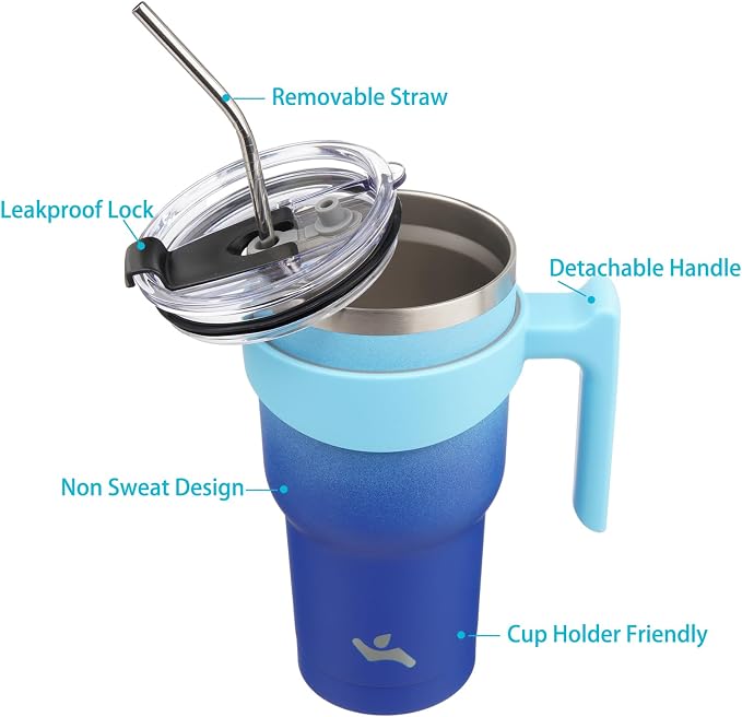 Konokyo 40 oz Tumbler with Handle and Straw, Insulated Travel Mug | Sky; BPA-free, leak-proof tumbler with 2 lids, 2 straws, cup holder fit for coffee, office, travel & daily use