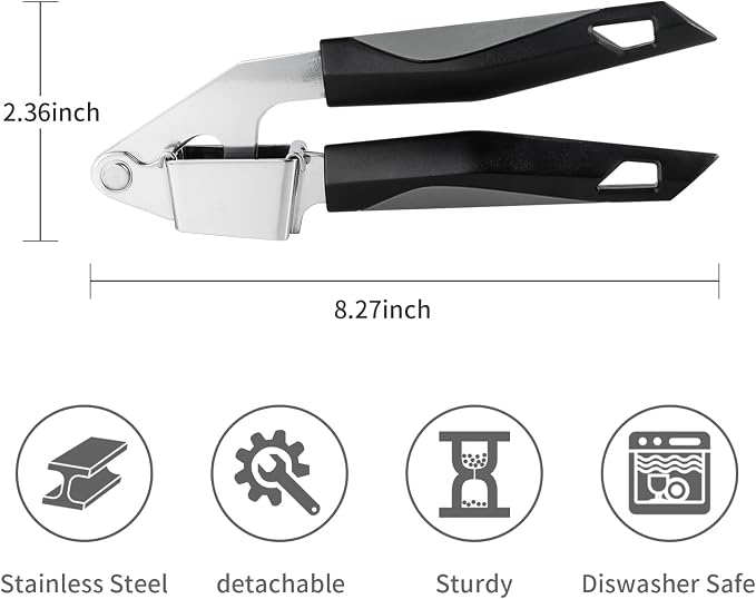 Garlic Press Stainless Steel, Manual Garlic Mincer for Kitchen Use | Easy to Squeeze and Clean, Rust Proof and Dishwasher Safe, 8.26-Inch, Black Garlic Crusher