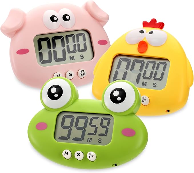 3-Pack Digital Kitchen Timer, Small Electronic Timers for Cooking, Magnetic Cute Timer Clock with Stand for Kid, Teacher, Senior, Exercise, Study, Baking, Big Digits, Loud Alarm, Count Up Down
