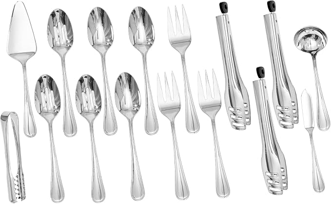 16-Piece Teardrop Serving Utensils Set, 18/10 Stainless Steel Utensils | Serving Utensils, Includes Serving Spoons, Forks & Tongs, Dishwasher Safe, Buffet, Catering, Wedding