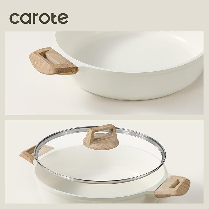 CAROTE Nonstick Stock Pot with Lid,4 Quart Shallow Soup Pot | Kitchen Casserole Compatible with All Stoves, Non Stick Cooking Pot, Cookware for Boiling, Simmer PFOA Free, White Granite