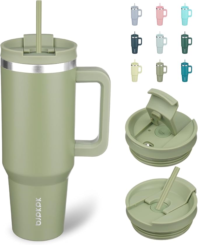 BJPKPK 40 oz Insulated Tumbler with Handle & Straw, Stainless Steel | Double Wall Vacuum Insulation, Leak Proof, BPA Free, Dishwasher Safe, Cupholder Friendly, Travel & Outdoor, Sage