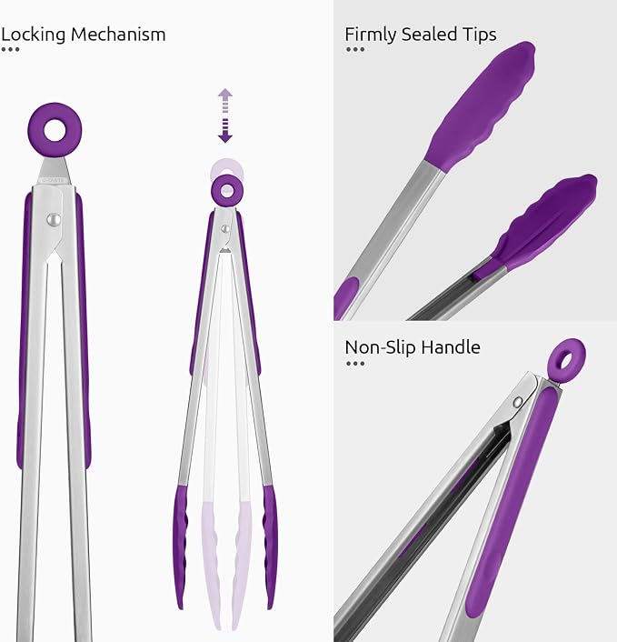 U-Taste Kitchen Tong for Cooking, 600ºF Heat-Resistant Tps, 12in/Purple | Large Tongs for Serving Food, Big Rubber Tong for Grill/BBQ, Silicone Tips & 18/8 Stainless Steel Handle, Smooth Locking