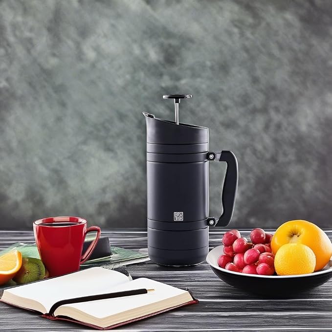 BruTrek by Planetary Design | BaseCamp French Press | 48 fl.oz - Obsidian | Double Wall Insulated Stainless Steel - Bru-Stop Technology, No Grounds in Coffee, No Spill Lid (Obsidian, 48 fl.oz)