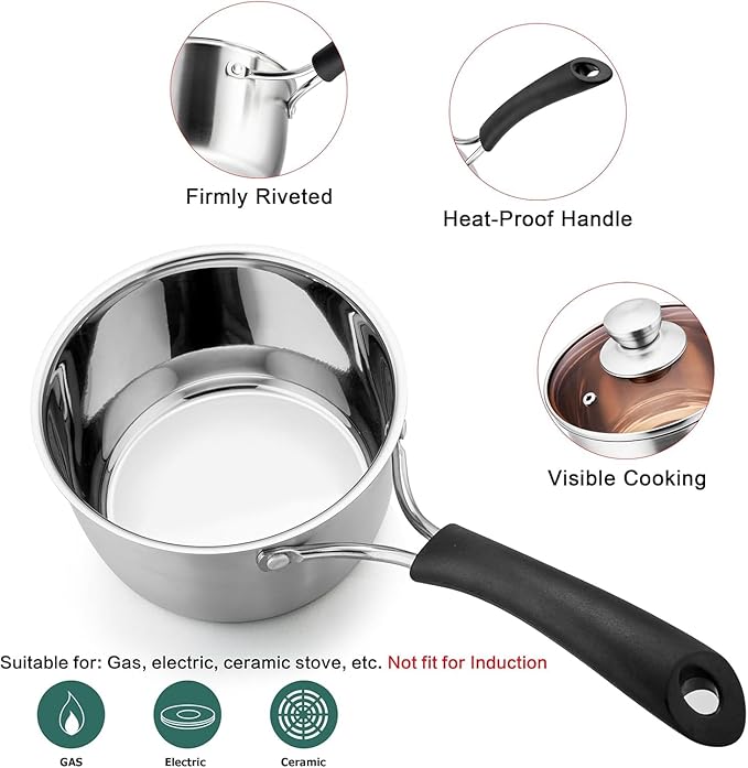 TeamFar Saucepan with Lid, 2 qt Sauce Cooking Pot Milk Pan Stainless Steel | Professional with Long Heatproof Handle for Home Kitchen Restaurant, Healthy & Non Toxic, Multi-use & Dishwasher Safe