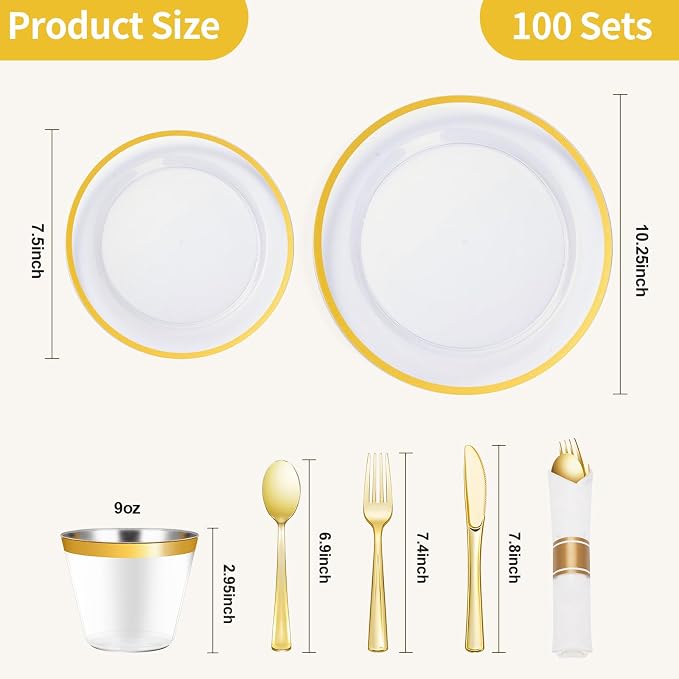 700 Piece Clear Gold Disposable Plastic Dinnerware Sets for Party | Plastic Silverware for 100, Include: 200 Plastic Plates, 100 Pre Rolled Napkins with Cutlery Sets, 100 Cups for Party