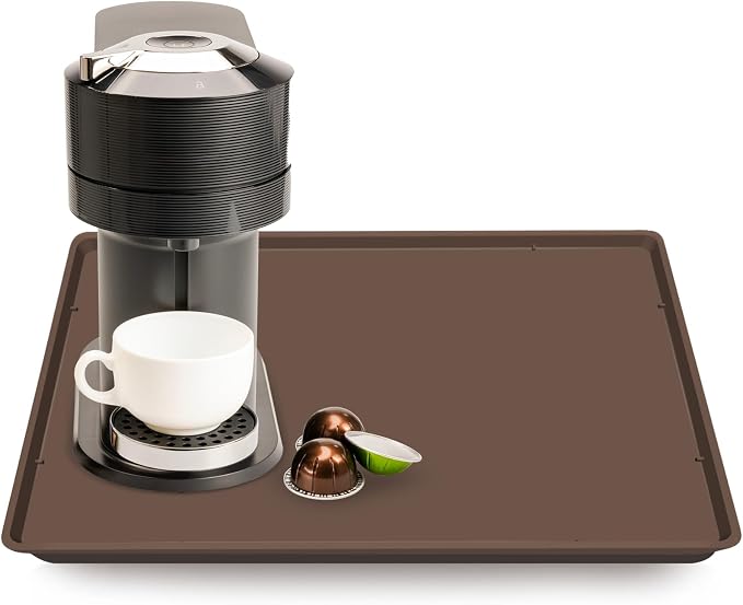 Silicone Coffee Maker Mat with Lip for Countertops, 19.7'' x 15'', Brown | Multi leak-proof coffee tray for countertop, non-slip silicone tray for under coffee machine espresso accessory, wipe-clean