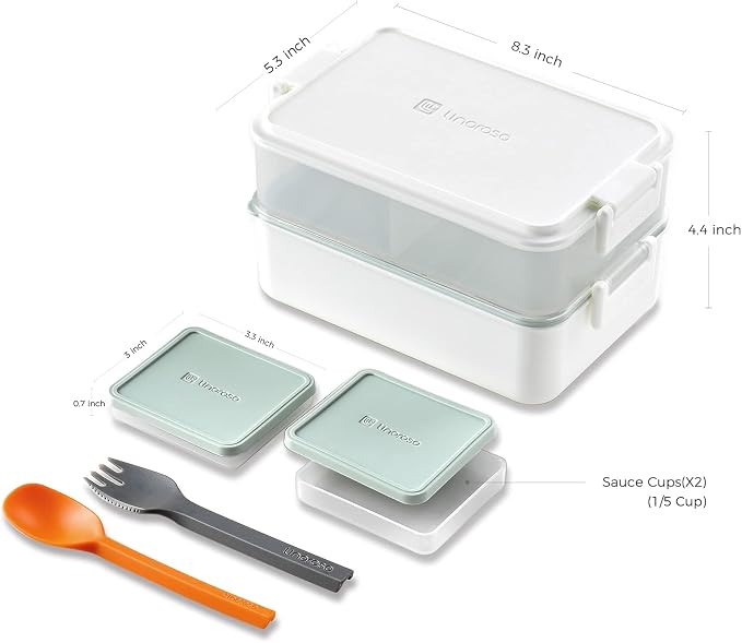Stackable 2-Tier Adult Bento Box, 4 Compartments - Chalk White | leakproof sauce cups, utensil set included, microwave & dishwasher safe, 7 colors available, ideal for work/school/picnic