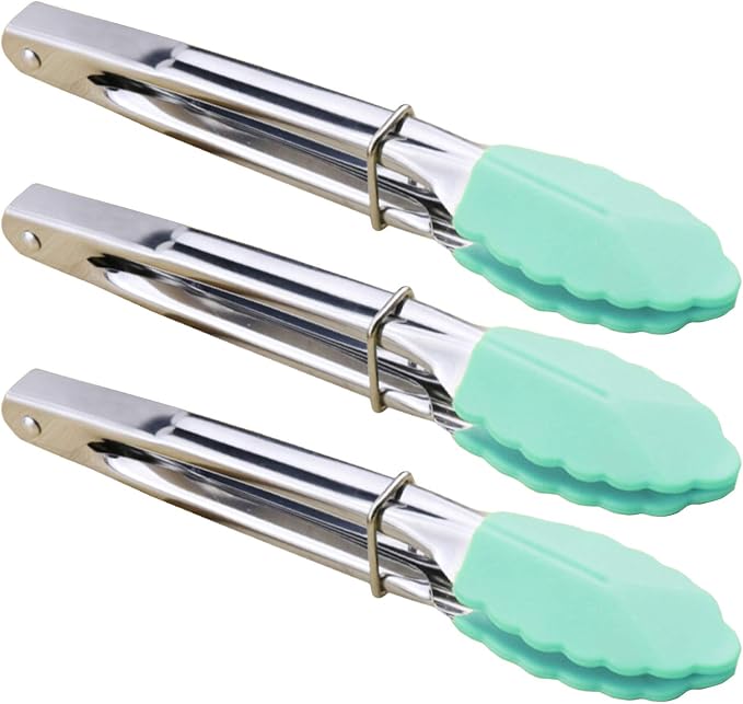 HINMAY 7" Stainless Steel Food Tongs with Silicone Tips, Set of 3 (Mint) | 7-Inch Mini Tongs