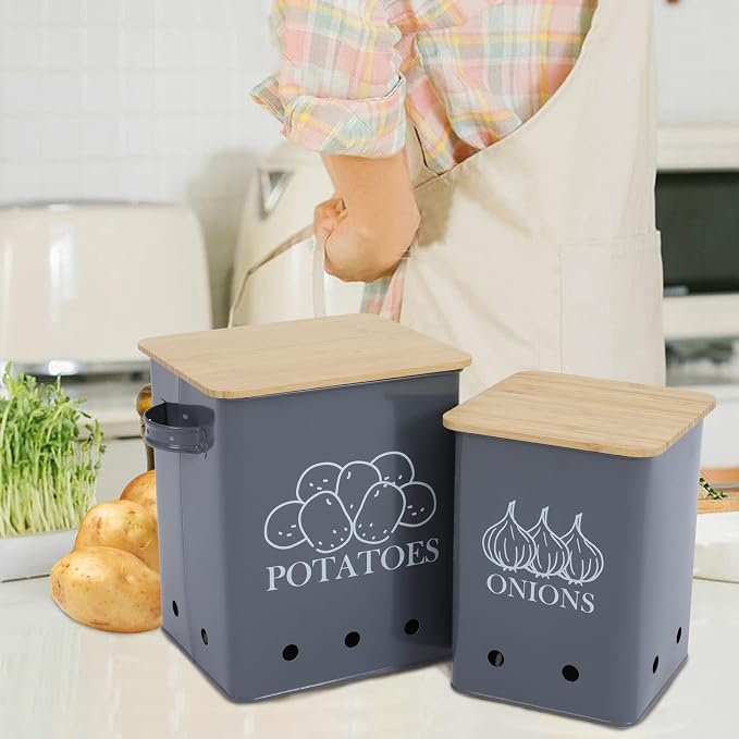 Kitchen Vegetable Storage Tins Set of 2, Onion and Potato Storage Bins with Wooden Lid and Aerating Holes, Garlic Bin Caddy, Vintage Kitchen Decor, Grey