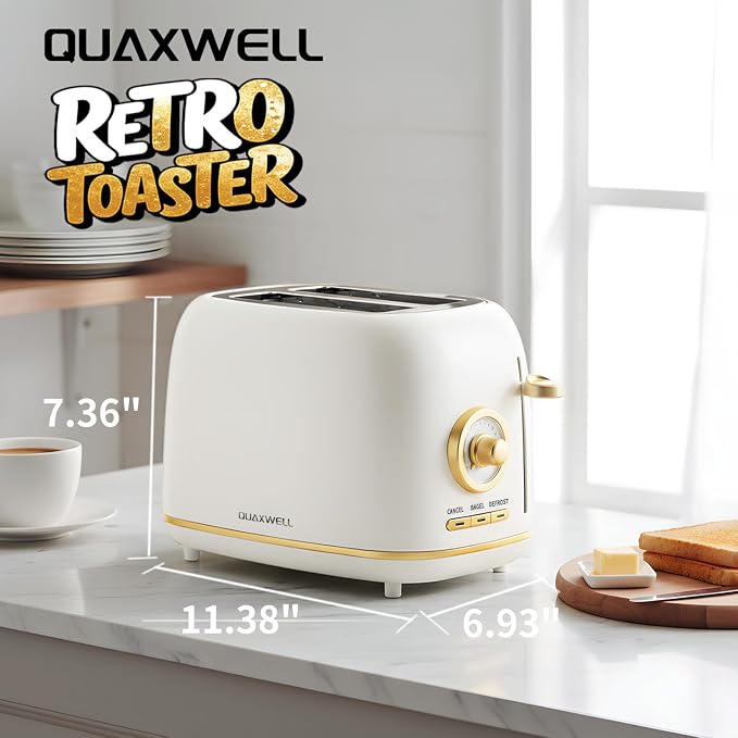 Retro 2-Slice Toaster, Stainless Steel, Matte White and Gold | Wide Slots, 7 Bread Shade Settings, Bagel, Cancel, and Defrost Functions, Removable Crumb Tray, Retro Kitchen Appliances