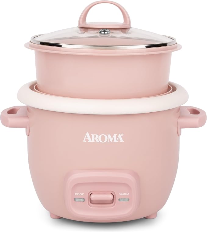 AROMA CoreCoat™ Mini Rice Cooker (3 Cups Cooked) with Nonstick Ceramic Pot Coating, Glass Lid, and Pop-Up Steamer Tray, 0.8 Quart