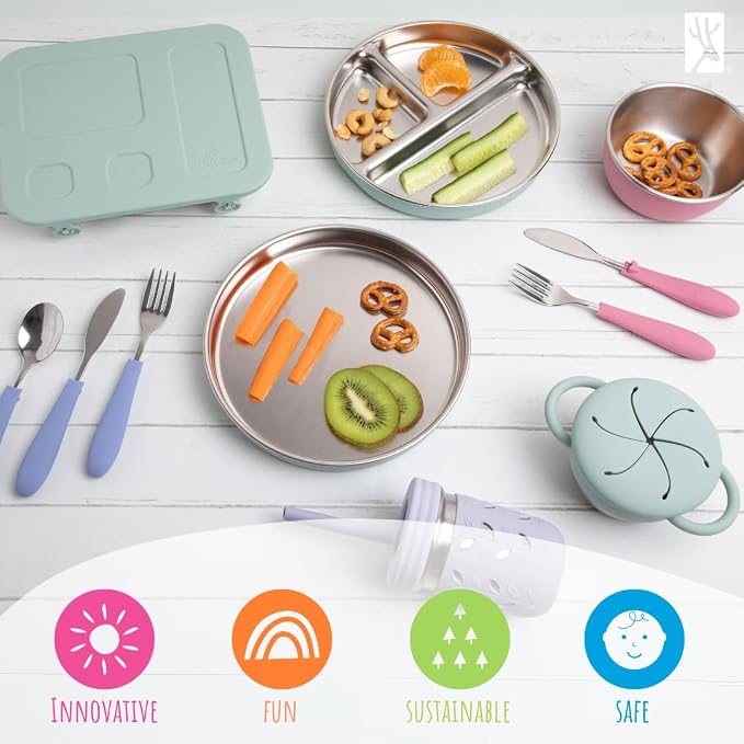 Elk and Friends Kids Stainless Steel Bento Box with Silicone Lid | Leak-proof | Toddler Lunch Container | 4 Compartments | Dishwasher Safe
