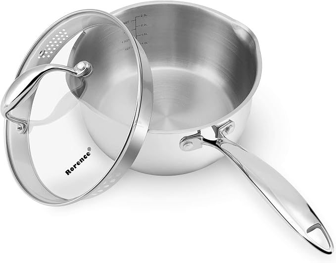 Rorence 3-Quart Saucepan with Lid: Pour and Strain Stainless Steel Sauce Pan with Pour Spouts, Capsule Bottom & Tempered Glass Lid | Pour and Strain, Pour Spouts, Capsule Bottom, Tempered Glass Lid