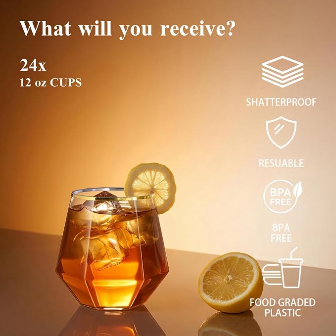 BESTSTAR 48 Pack Gold Rim Plastic Wine Glasses Set, BPA-Free Shatterproof | 24 9 OZ Stemless Champagne Flutes & 24 12OZ Diamond Wine Whiskey Glasses, Clear Drinkware for Weddings, Parties & Events