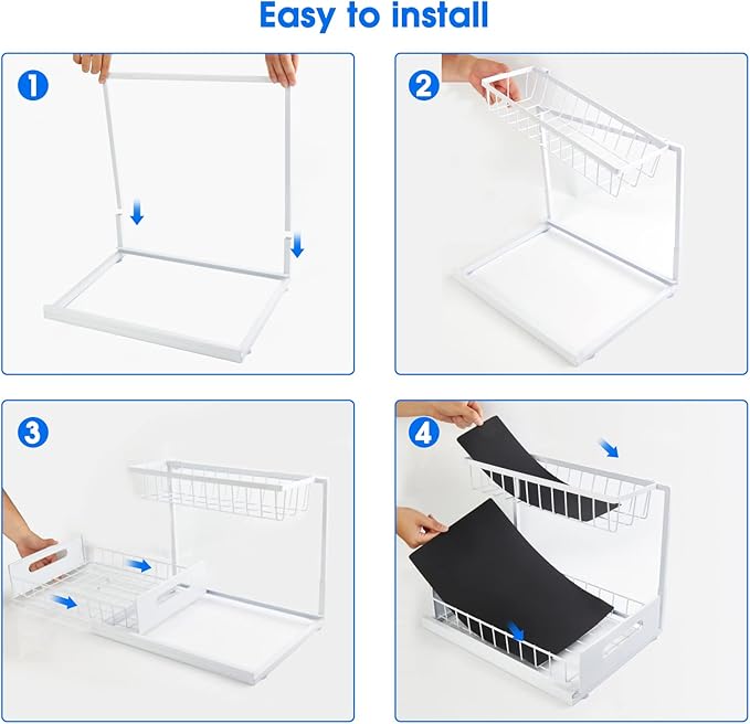Under Sink Organizer, 2 Tier Pull-Out Cabinet Storage Shelf, Rust-Resistant Metal Organizer for Kitchen Bathroom Laundry Room, No Tools Installation, 1 Pack White