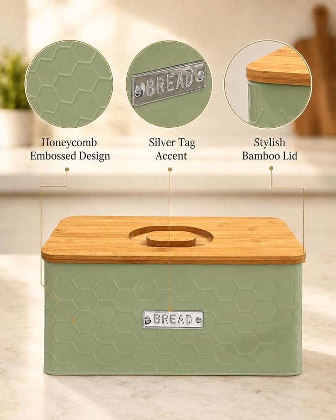 Bread Box for Countertop, Small Green Metal Bin with Bamboo Lid | Small farmhouse bread storage container and bread bin with cutting board lid for homemade bread and baked goods organization.