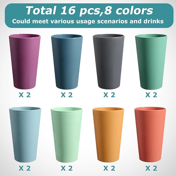 HEYCOME Set of 16 Wheat Straw Cups, 16 Pcs 20 oz Unbreakable Drinking Cups, Reusable Plastic Cups Sets, Water Glasses Tumblers, Microwave & Dishwasher Safe, Bpa Free, 8 Colors