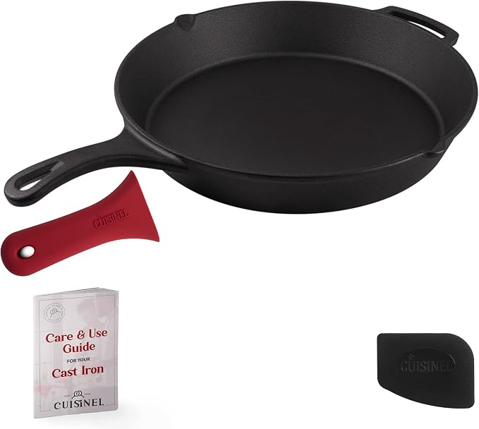 Cast Iron Skillet + Pan Scraper - 15"-Inch Pre-seasoned Frying Pan + Heat-Resistant Silicone Handle Grip - Oven-Safe Kitchen Cookware - Indoor/Outdoor Use - Camping, Grilling, BBQ, Open Fire Safe