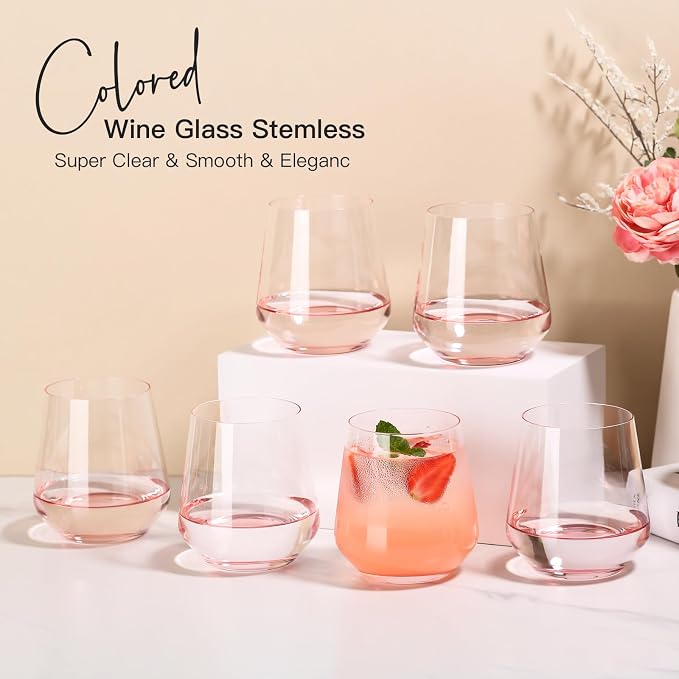 JOVGANK Pink Stemless Wine Glasses Set of 6 - Hand Blown White Red Stemless Wine Glass - 17 oz, [Lead-Free Crystal Glass] Large Short Glass Tumblers, Housewarming Gifts and Mother's Day Gift