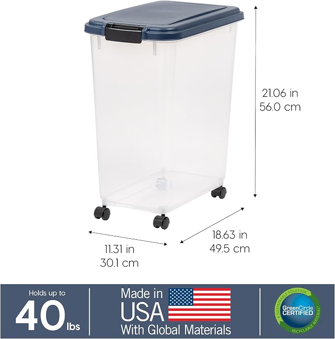 IRIS USA Dog Food Storage Container, Up to 40 lbs, Navy, Made in USA | Wheels for Mobility, Airtight Seal, BPA-Free, Best for Bird Seed, Cat food, Cat Litter, Chicken Feed, Pellets