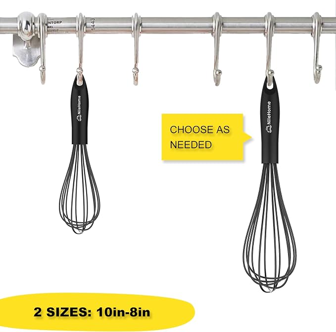 NileHome Silicone Whisk Set 8" 10" Kitchen Whisk Kitchen Wisk Wire Whisks for Cooking, Whisking, Blending, Beating, Stirring-Black