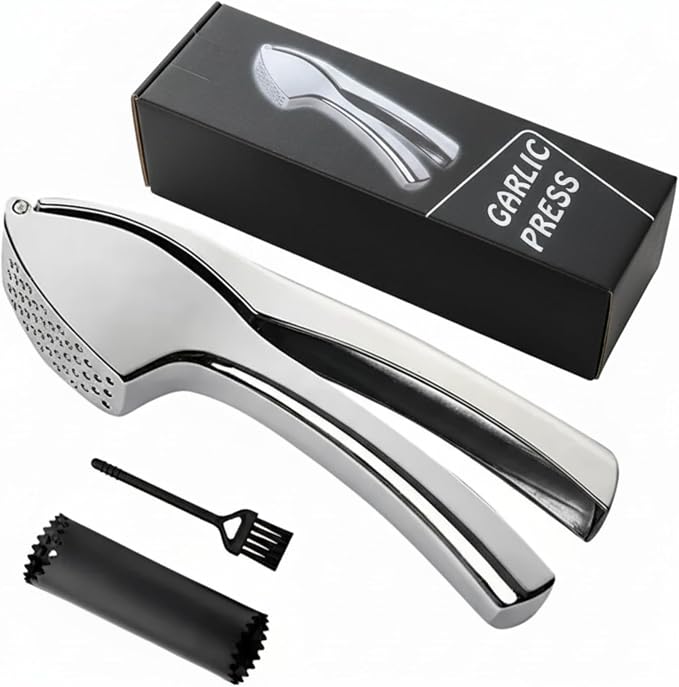 Garlic Press, Garlic Peeler and Cleaning Brush as 1 Set, Heavy Duty and Rust Proof Garlic Press Made of 304 Stainless Steel for Home and Kitchen Tools, Easy to Use & Dishwasher Safe