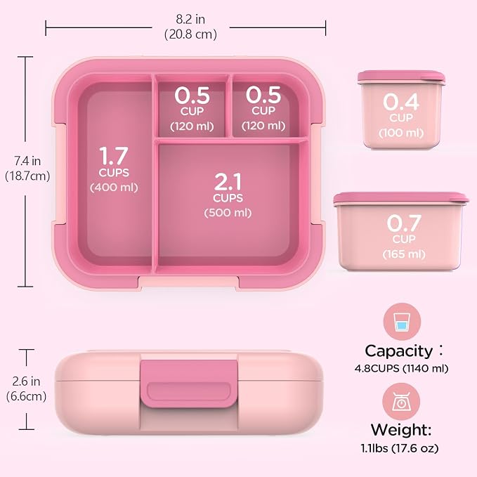 Caperci Bento Box for Kids Age 4-8 - Leak-Proof Toddler Lunch Box Container with 2 Modular Containers & 4 Compartments, Hold 4.8 Cups, Portable Handle, BPA-Free, Microwave/Dishwasher Safe (Mermaid)