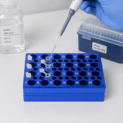 1 Pcs Aluminum Cooler Cooling Block PCR Test Tube Rack 10.5/6mm Diameter | 10.5mm 24-well for 1.5/2mL Microcentrifuge Tubes; 6mm 36-well for 0.2mL PCR tubes; Enzyme, RNA, Reagent Cold Handling (Blue)