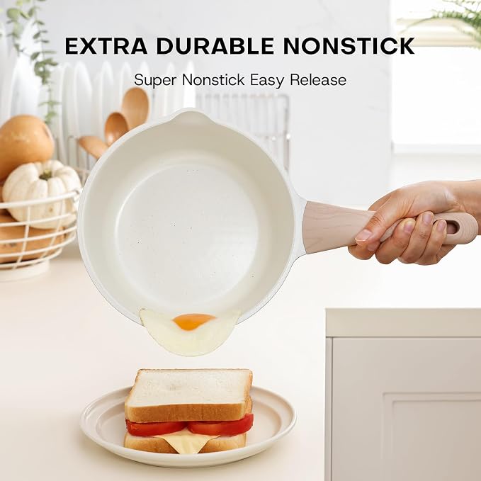 Kordisen Sauce Pan Set with Lid, 1.5Qt & 2.5 Qt Nonstick Cooking Pots with Pour Spout, Easy to Clean, Small Kitchen Induction Saucepan with Ceramic Coating, PFOA/PFOS Free (Cream)