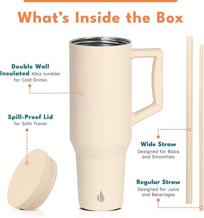 Elemental Spill Proof 40oz Insulated Tumbler with Handle & Straw Travel Mug | Stainless Steel Commuter Travel Coffee Mug for Cold Beverages, Includes 2 Straws & a Spill Proof Lid for Everyday Use
