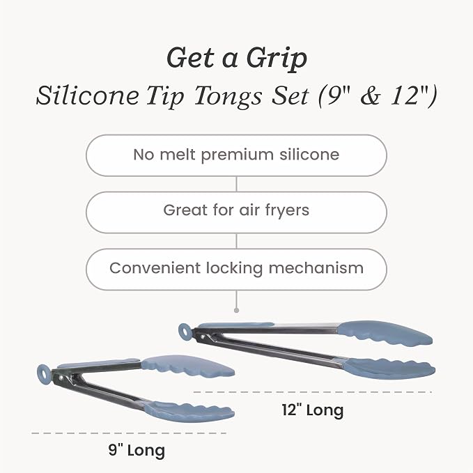 Starpack Get a Grip Silicone Kitchen Tongs (2-Pack, 9" + 12") - LFGB Non Toxic, 600°F Heat Resistant, BPA-Free - Heavy-Duty Stainless Steel, Locking - Dishwasher Safe for Nonstick Cookware