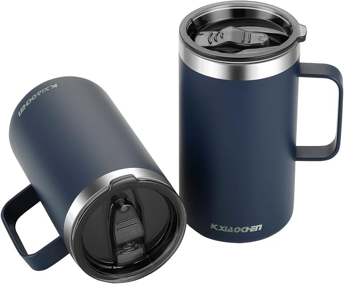 KXIAOCHEN 2-Pack 20 oz Insulated Coffee Mugs, Coffee Cups with Wide Handles | 18/8 stainless steel, sliding lids, 6+ hours hot or 12+ hours cold, wide mouth, no-sweat, for office, home, camping and gifts