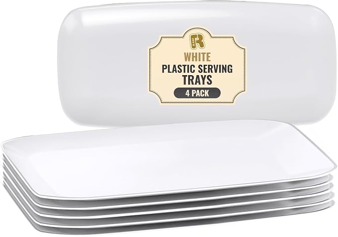 R-kay 4 Pack Plastic Serving Trays for Party - White Serving Tray 10 by 5.5 in - Heavy Duty Dessert Trays for Food - Rectangular Party Serving Trays - Premium Party Trays - White Platters