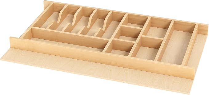 Clikuutory Natural Birch Wood Utensil Drawer Insert Organizer with 15 Compartments, Space-Saving Sturdy Drop-In Cutlery Divider Tray, Kitchen Cabinet Storage for Silverware, Spoons, Forks and Knives