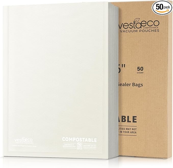 VestaEco Compostable Food Vacuum Sealer Bags, 50 Gallon 11" x 16" Precut | Heavy-Duty Embossed Vacuum Seal Bags for Food Saver, BPA-Free, for Storage, Meal Prep or Sous Vide